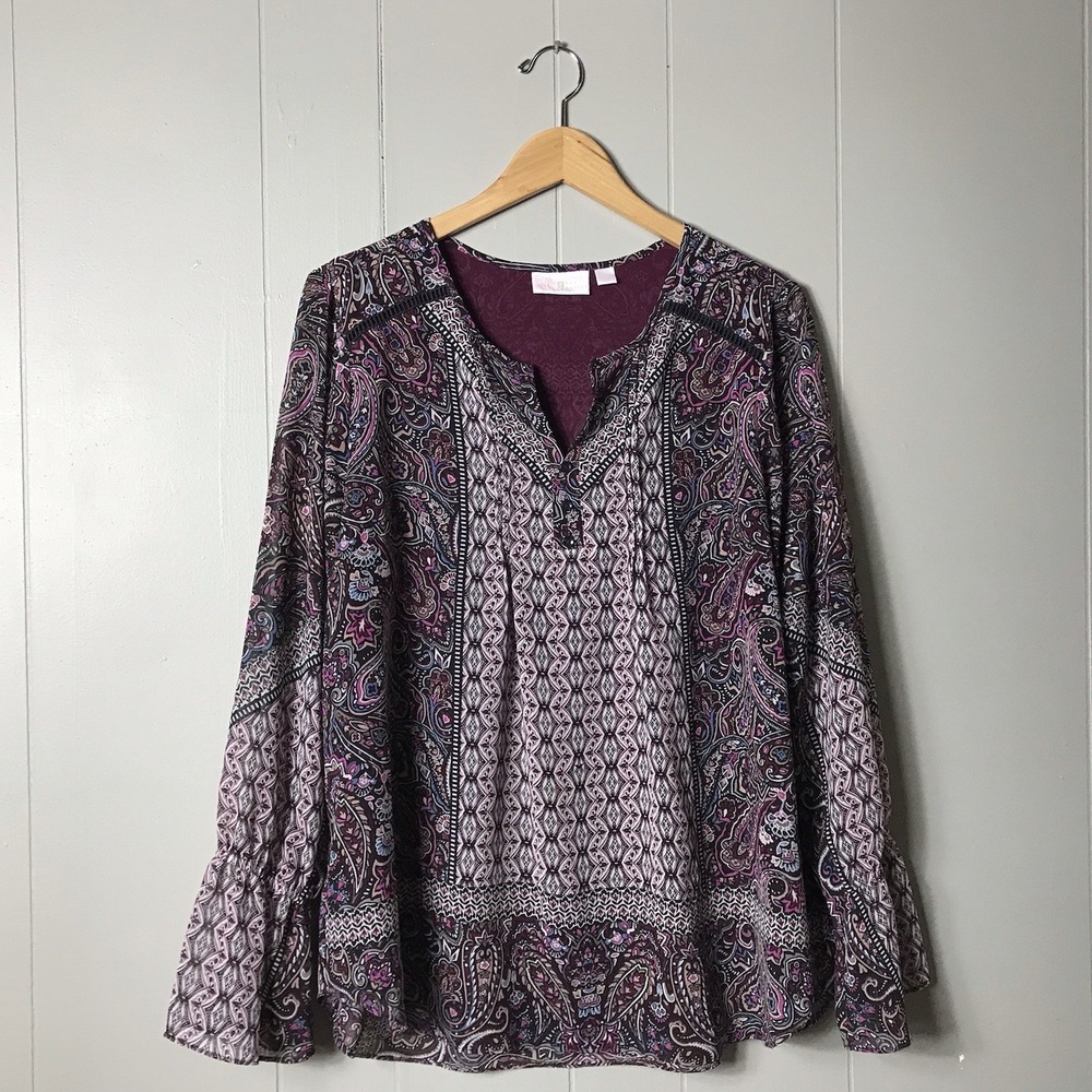 BELLE by KIM GRAVEL PAISLEY MIX PRINT V NECK LONG SLEEVE TUNIC WOMENS SIZE LARGE